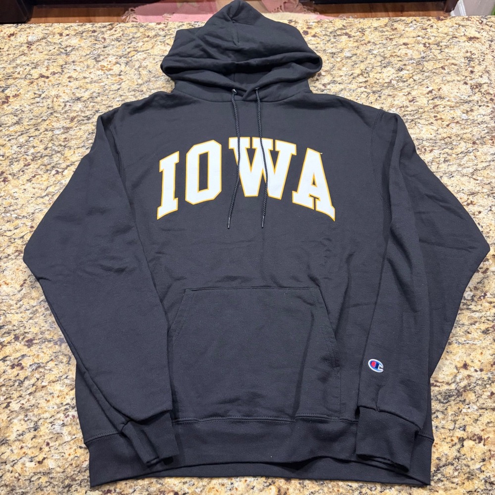Champion Iowa Hawkeyes Hoodie Mens Large Black NCAA Sweatshirt Arch Logo ws